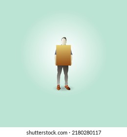 A man delivers a big box by hand. Vector illustration. 