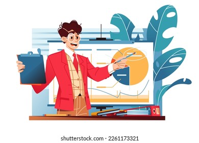 Man delivers dynamic presentation with confidence, business concept vector illustration