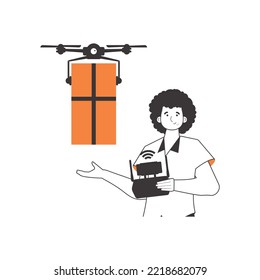 Un hombre entrega un paquete con drones. El concepto de entrega de carga por vía aérea. Estilo lineal minimalista. Aislado sobre fondo blanco. Ilustración vectorial.