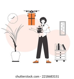 A man delivers a package by drone. The concept of cargo delivery by air. Minimalistic linear style.