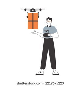 Un hombre entrega un paquete con drones. El concepto de entrega de carga por vía aérea. Estilo moderno lineal. Aislado sobre fondo blanco. Ilustración vectorial.