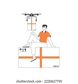 A man delivers a package by drone. Air delivery concept. Linear modern style. Isolated on white background. Vector illustration.