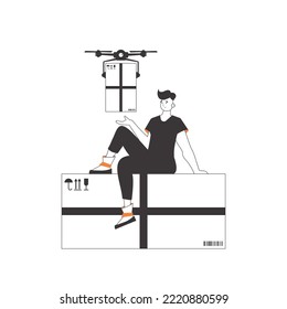 Un hombre entrega un paquete con drones. Concepto de entrega de aire. Estilo lineal. Aislado sobre fondo blanco. Ilustración vectorial.