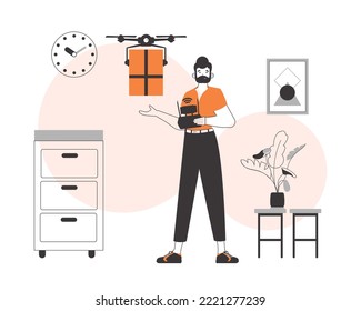 A man delivers a package by drone. Drone delivery concept. Linear trendy style.