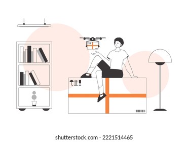 A man delivers a package by drone. Air delivery concept. Linear modern style.