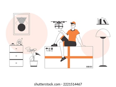 Un hombre entrega un paquete con drones. Concepto de entrega de aire. Estilo de moda lineal.