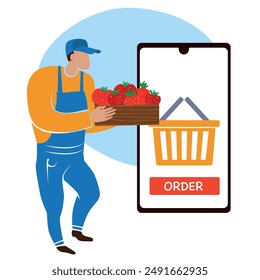 man delivers strawberries against the background of  phone with an order basket. Flat illustration isolated on white for poster, flyer, online order banner, farming, delivering, online shopping theme