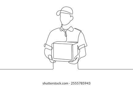 Man with Delivery Box Continuous One Line Drawing. Male Worker Trendy Contemporary Single Line Drawing. Delivery Concept, Outline Vector Minimalist Art for Trendy Design. Not AI