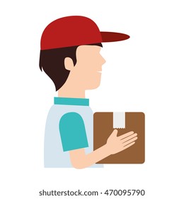 man delivery box hat pictogram dispatch service person vector illustration isolated