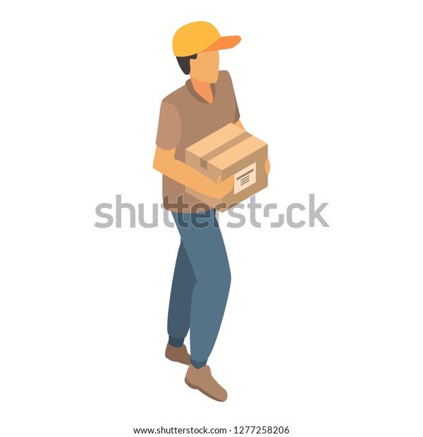 Man delivery box\
icon. Isometric of man delivery box vector icon for web design\
isolated on white\
background