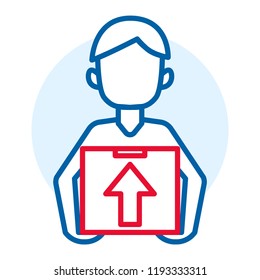Man delivery box icon. Outline man delivery box vector icon for web design isolated on white background