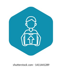 Man delivery box icon. Outline man delivery box vector icon for web design isolated on white background