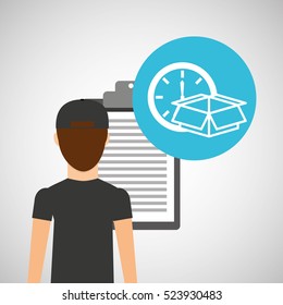 man delivery checking box pack carton clock vector illustration eps 10