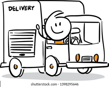 Man in delivery company car. Doodle style vector illustration object isolated. Hand draw line art cartoon design character.
