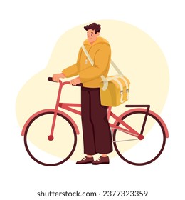 Man Delivery Courier with Bag and Bicycle Vector Illustration