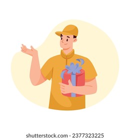 Man Delivery Courier in Cap Give Gift Box Vector Illustration