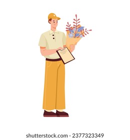 Man Delivery Courier in Cap Standing with Flower Bouquet and Clipboard Vector Illustration