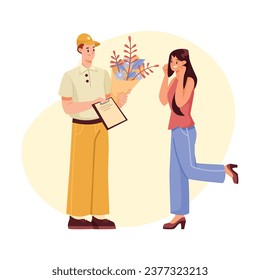 Man Delivery Courier Give Flower Bouquet to Woman Customer Vector Illustration