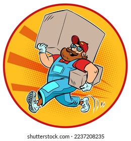 Man delivery courier, loader. A bearded man with a big box. Shopping and Ordering Online Trading