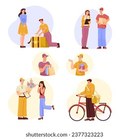 Man Delivery Courier with Parcel and Package Vector Illustration Set