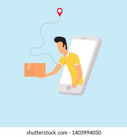 man delivery package box online. man delivery package box from smart phone. delivery online - vector