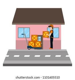 man delivery with platform trolleys and packages