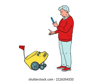 A man and a delivery robot, training like a pet, a drone courier