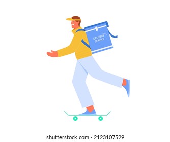 Man from delivery service on a skateboard delivering food. Vector illustration in flat style