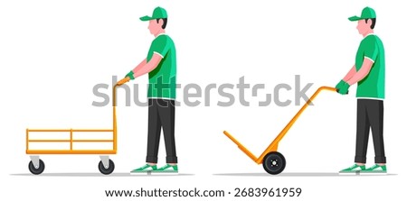 Man delivery service worker pushing warehouse cart and hand truck. Logistics, freight transportation, delivery service concept.