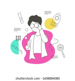 A Man Demonstrate to find something with outline illustration style