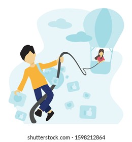 A man demonstrate a social media activity with balloon and rope for empty state social media, vector , illustration, cartoon,