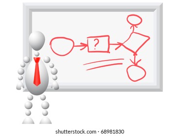 Man demonstrates the algorithm. Abstract 3d-human series from balls. Variant of white isolated on white background. A fully editable vector illustration for your design.