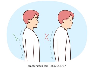 Man demonstrates correct and incorrect posture or hidden spine that negatively affects health. Tick and cross next to posture of guy suffering from osteochondrosis after injury