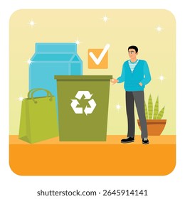 Um homem demonstra práticas ecológicas ao empacotar e reciclar lixo. Os destaques incluem caixas de reciclagem, sacos reutilizáveis e papelão. Energia sustentável.