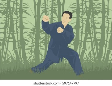 The man demonstrates the technique of Kung Fu, against the background of the forest.