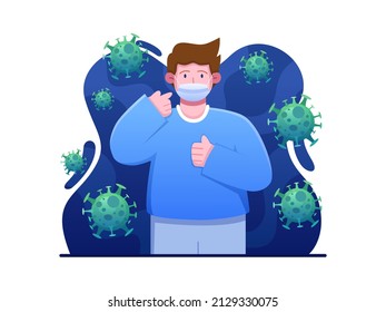 Man demonstrates to wear a mask to protect from virus and disease. Please Wear Face Mask Illustration. Can be used for poster, banner, flyer, web, print, infographic,. etc. 