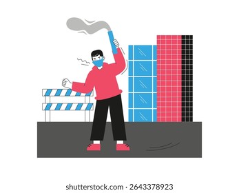 Man demonstrating anarchically, covering his face and carrying tear gas. Character design. Vector flat illustration