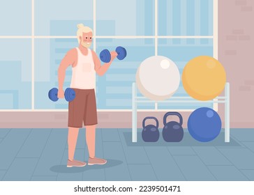 Hombre demostrando biceps de color plano ilustración vectorial. Entrenamiento de armas. Formación en club deportivo. Ejercicio con dumbbell. Personajes de dibujos animados 2D sencillos totalmente editables con gimnasio en segundo plano