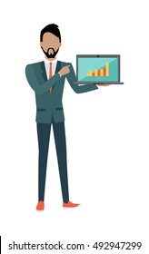 Man demonstrating chart on the laptop. SEO concept in flat style. Human characters with computers and mobile devices working for content search engine optimization and designing sites. Vector