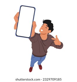 Man Demonstrating Smartphone Features. Male Character Pointing At Screen With Finger, Showcasing Its Capabilities And Engaging The Viewer In Interactive Experience. Cartoon People Vector Illustration