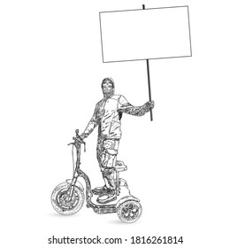 The man at demonstration with the banner raising his voice in protest. Black lives matter rally. Blm protest movement riot. Covid pandemic protest concept. Black person in face mask, Vector. 