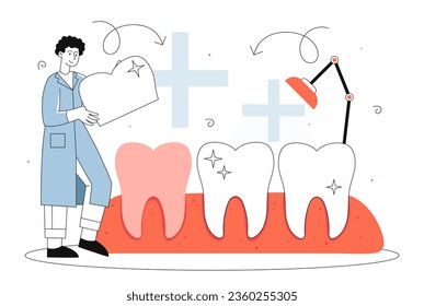 Man with dental veneers line concept. Dentist near tooth. Oral hygiene and cleanliness. Health care and medicine, treatment. Poster or banner for website. Linear flat vector illustration