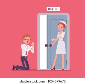 Man at dentist door. Having pain in tooth or teeth, afraid of treatment , harm, in alarm and panic to enter the office, phobia. Medicine and healthcare concept. Vector flat style cartoon illustration