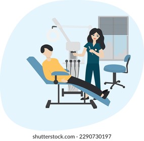 Man at the dentist's appointment in the dental office. High quality vector illustration.