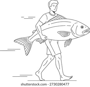 Um homem é retratado carregando um grande peixe, simbolizando o tema da pesca e frutos do mar. A ilustração é apresentada em um estilo de arte simples em preto e branco, enfatizando a frescura e abundância da captura.