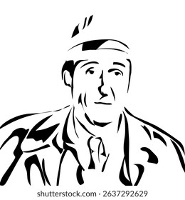 The man is depicted from the chest up, facing forward with a slightly upward gaze. He appears to be wearing a collared shirt and a tie, topped with a jacket or suit coat. A distinctive feature is the 