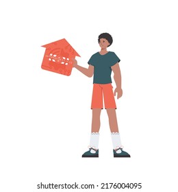 The man is depicted in full growth, holding the icon of the house in his hands. Internet of things concept. Vector illustration in flat style.