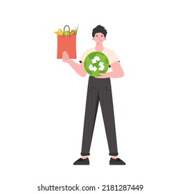 The man is depicted in full growth and holds a package with healthy food in his hands and shows an icon. Isolated on white background. Trend vector illustration.