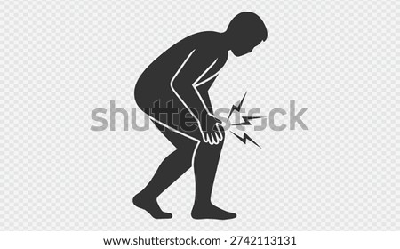 A man is depicted in a silhouette, bending down and clutching his knee in pain, with lightning bolts indicating the source of his discomfort, suggesting a knee injury or strain.