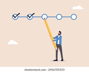 A man is depicted using a large pencil to mark a checkbox on an empty circle, symbolizing project tracking, goal tracking, and task completion